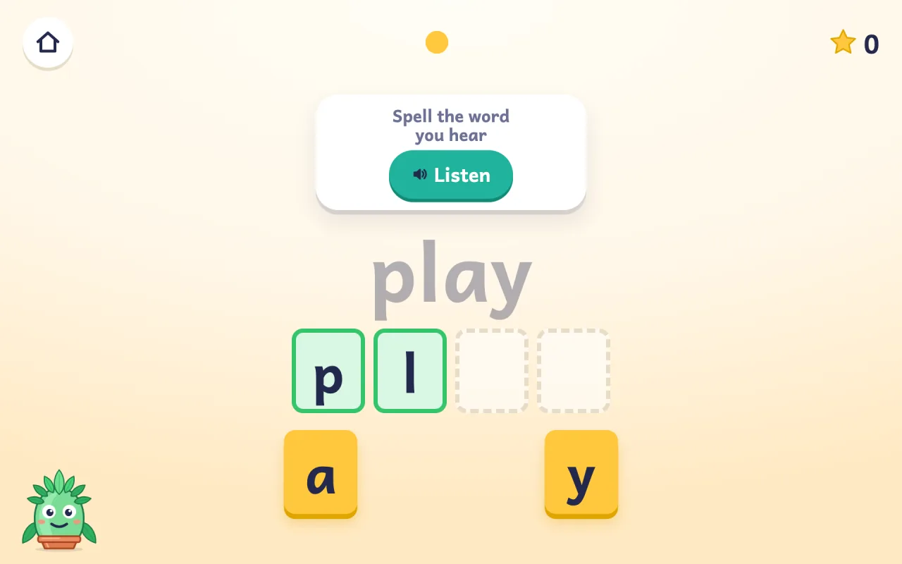 Spelling “play” with letter tiles; “p” and “l” are placed and “a” and “y” are waiting.