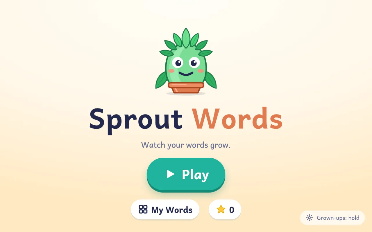 The Sprout Words home screen: a smiling potted sprout, the title, and a big Play button.