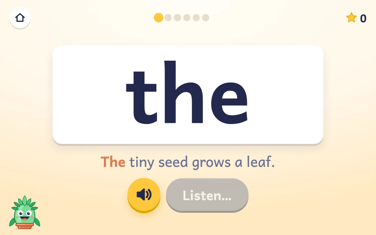 A big word card showing “the” with the sentence “The tiny seed grows a leaf.” and a speaker button.